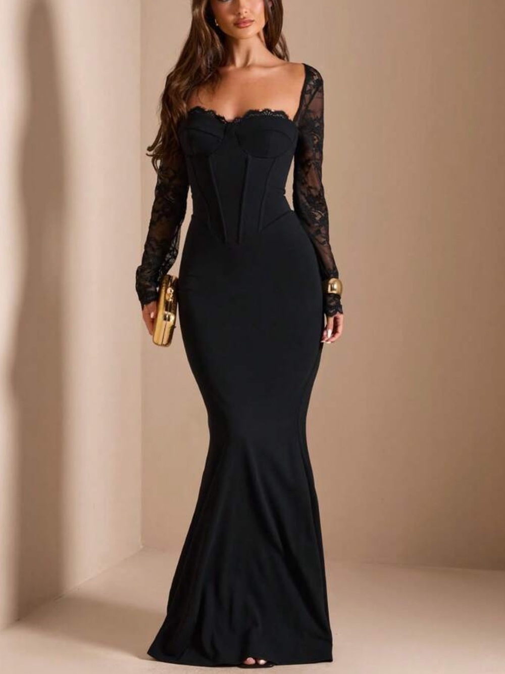 Black Lace-Sleeve Corset Mermaid Evening Dress